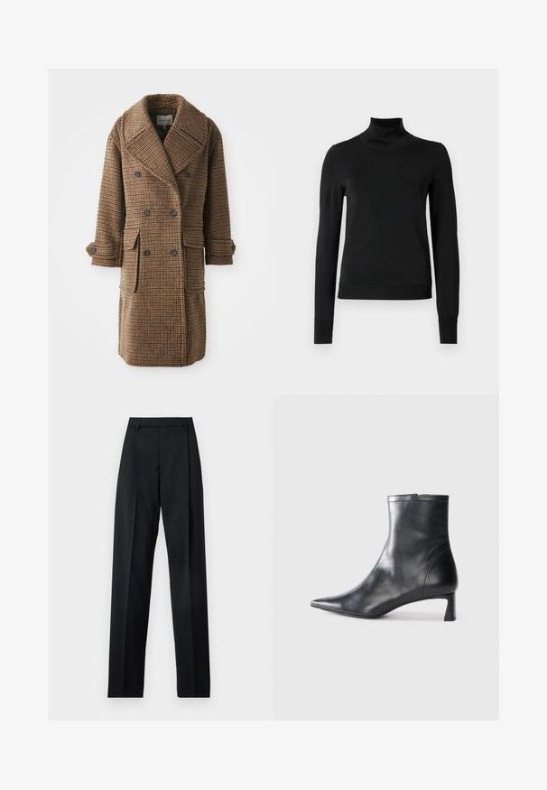 Brown plaid double-breasted coat with large lapels, two front pockets, and buttoned cuffs. Made from textured, woven fabric.; Black long-sleeve turtleneck sweater with ribbed cuffs and hem, displayed on a plain white background.; Black trousers made from smooth fabric featuring a high waist, wide legs, front pleats, and classic belt loops. No side pockets visible.; Black leather ankle boot with a pointed toe and a sleek design. Features a low heel and a zipper closure at the back. Smooth texture.
