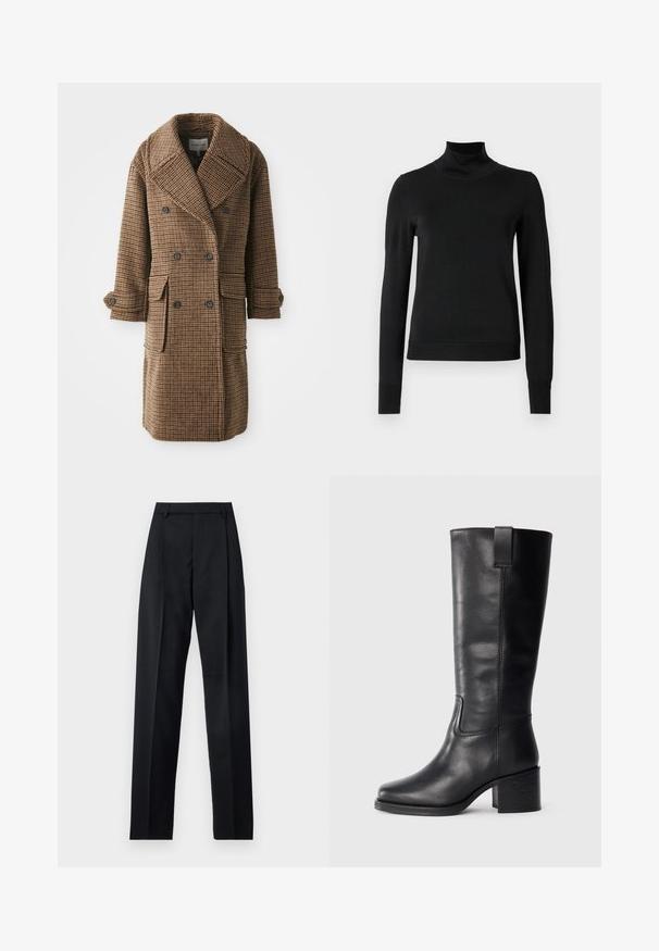 Brauner karierten Doppelreiher-Mantel mit großen Revers, zwei Vorderaschen und knöpfbaren Manschetten. Hergestellt aus strukturiertem, gewebtem Stoff.; Schwarzer Langarmrollkragenpullover mit gerippten Bündchen und Saum, auf einem schlichten weißen Hintergrund präsentiert.; Schwarze Hosen aus glattem Stoff mit hoher Taille, weitem Bein, vorderen Falten und klassischen Gürtelschlaufen. Keine sichtbaren Seitentaschen.; Schwarze Lederstiefel bis zum Knie mit glatter Oberfläche, quadratischer Spitze, Blockabsatz und seitlichem Zugband, mit minimalistischen Nähdetails.