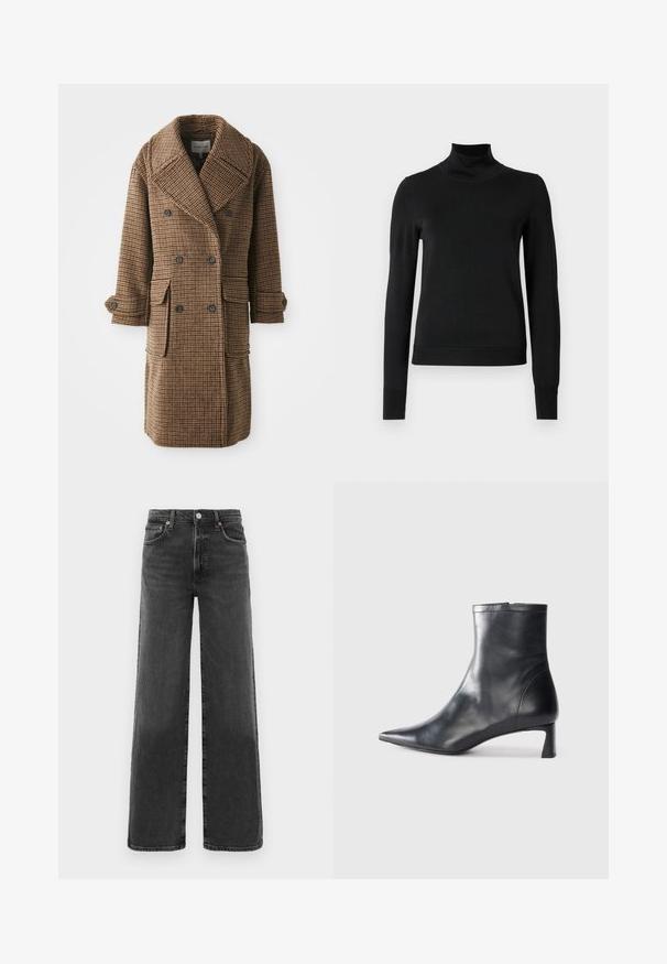 Bruin geruite dubbelgebreide jas met grote revers, twee voorzakken en gebuttonde manchetten. Gemaakt van gestructureerde, geweven stof.; Zwarte trui met lange mouwen en col, voorzien van geribde manchetten en zoom, weergegeven op een effen witte achtergrond.; Zwarte high-waist straight leg denim jeans met een voorste knoop en ritssluiting, twee voorzakken en twee achterzakken.; Zwarte leren enkellaars met een spitse neus en een slank ontwerp. Heeft een lage hak en een ritssluiting aan de achterkant. Gladde textuur.