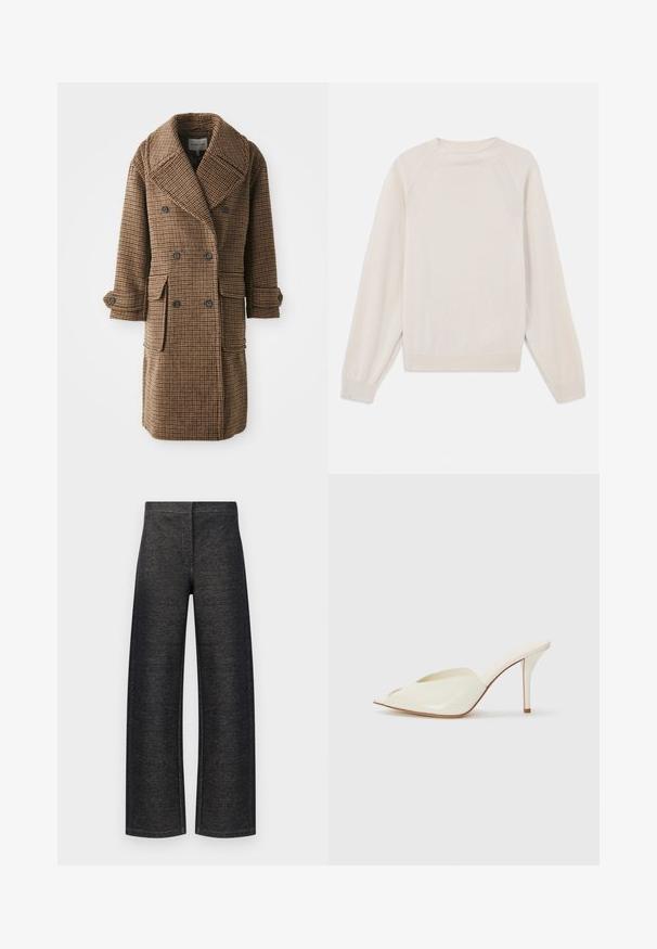 Ruskea ruutukuosiset kaksiriviset takki, jossa on suuret kaulukset, kaksi etutaskua ja napitetut hihansuut. Valmistettu tekstuuritusta, kudotusta kankaasta.; Vaalean kerma valkoinen neulepaita, joka on valmistettu pehmeästä, kudotusta kankaasta. Ominaisuuksiin kuuluvat pyöreä kaula-aukko, pitkät hihat sekä resorit hihansuissa ja helmassa, joissa on raglan-hihasuunnittelu.; Leveled trousers i svart denim. Har en strukturert finish med en ren midje og uten synlig hardware eller lommer.; Valkoinen patenttinen nahka avotossu, jossa on terävä muotoilu, hoikka korkea yksityiskohta ja sileä pinta; minimalistinen tyyli hienovaraisilla ompelu yksityiskohtilla.