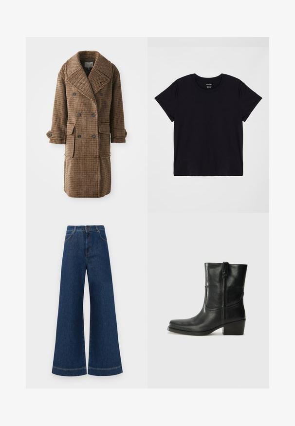 Smeđi karirani kaput s dvostrukim kopčanjem, velikim reverima, dva prednja džepa i dugmadima na manžetama. Izrađen od teksturirane, tkanine.; Crna majica s kratkim rukavima izrađena od mekog pamuka. Klasičan dizajn s okruglim izrezom, s jednostavnom, neukrašenom površinom i opuštenim krojem.; Široke plave traperice s visokim strukom, s kopčanjem na gumbe, petljama za remen i suptilnim detaljima šavova duž džepova i rubova.; Crne kožne čizme do članaka s okruglim vrhom, blok potpeticom, bočnim patentnim zatvaračem i detaljima od šavova na gornjem dijelu. Glatka tekstura, klasičan dizajn.