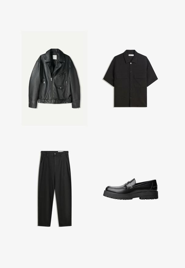 Bershka Jakna iz umetnega usnja - black; Črna kratkotrajna srajca iz tkanine z gladko teksturo, ima dve sprednji žepki, klasičen ovratnik in zapiranje na gumb.; Črne bombažne hlače s sproščenim krojem, ki vključujejo klasičen pas, sprednje gube in stranske žepke. Gladka tekstura brez vzorcev.; Črne usnjene loafersice s debelim profiliranim podplatom in dekorativnim pasom čez zgornji del, prikazane v levem stranskem profilu na beli podlagi.