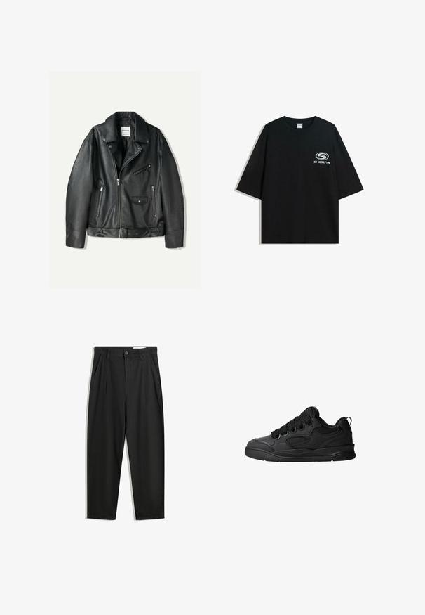 Bershka Műbőr dzseki - black; Fekete, oversized pamut póló kerek nyakkal és rövid ujjakkal, az elején fehér "Shibuya" logóval.; Fekete pamut nadrág laza szabással, klasszikus derékrésszel, elülső hajtásokkal és oldalsó zsebekkel. Simább textúra minta nélkül.; Fekete sportcipő texturált felsőrésszel, fűzőkkel, légáteresztő hálós részletekkel, párnázott bokarésszel és tartós talppal.