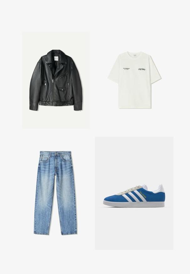 Bershka Giacca in similpelle - black; T-shirt bianco in cotone con maniche corte. La parte anteriore presenta testo nero: "NON DOMANI NON OGGI" e "L'ARTE DEL MUOVERE LA POLVERE" in corsivo verde.; Jeans in denim azzurro chiaro con vestibilità ampia, design a gamba dritta, cinque tasche e texture sbiadita. Comprendono una chiusura anteriore con bottone e zip.; adidas Originals ADIDAS GAZELLE SHOES - Scarpe da calcio indoor - real madrid/bluebird/footwear white/crew yellow