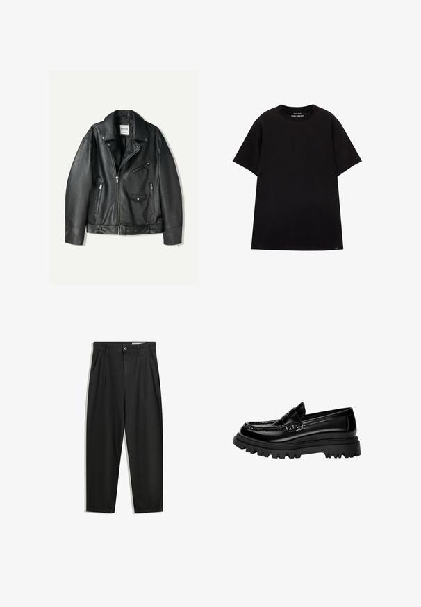 Bershka Jacka i konstläder - black; PULL&BEAR JOIN LIFE - T-shirt - bas - black; Svarta bomullsshorts med avslappnad passform, med en klassisk midja, framveck och sidfickor. Slät textur utan mönster.; Svarta glänsande läderskor med en strukturerad rem, som har en kraftig svart gummisula med djupa mönster och en klassisk mockasin-design.