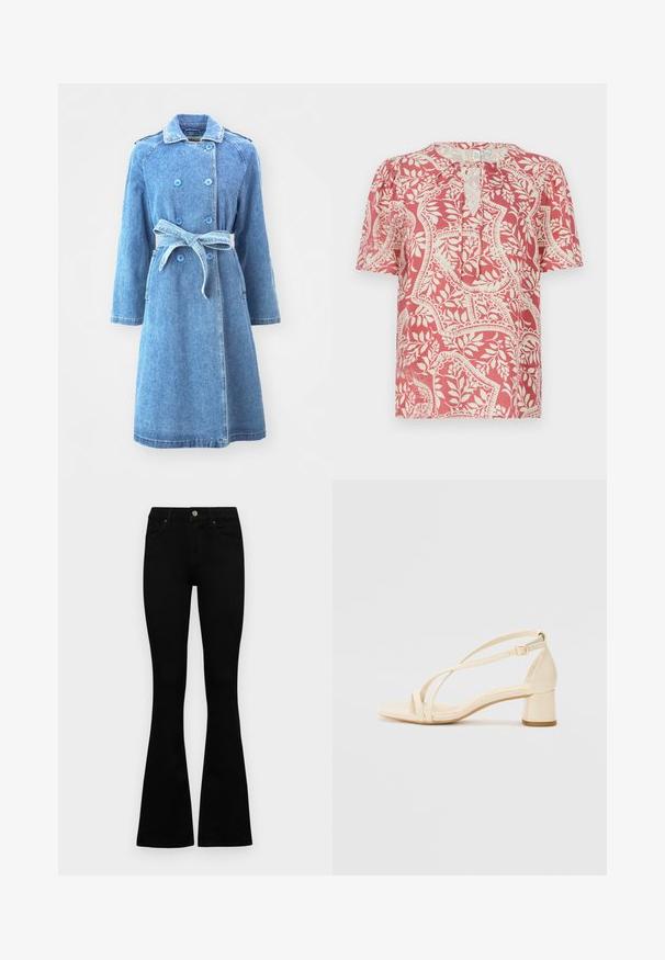 Világoskék farmerkabát, dupla gombos záródással, övvel meghúzott derékkal, hosszú ujjal és két oldalsó zsebbel. Simább tapintású, térdig érő fazon.; Rövid ujjú blúz világos piros színben, krémszínű virágos és geometrikus mintázattal, kulcslyuk kivágással és lágy, könnyű anyaggal.; Fekete, magas derekú farmernadrág gomb- és cipzárzárral, elülső zsebekkel és harangszárral, laposan egy fehér háttérre terítve.; Krémszínű, blokk sarkú szandálok, pántos kialakítással és állítható bokapánttal, sima szintetikus anyagból, matt felülettel.