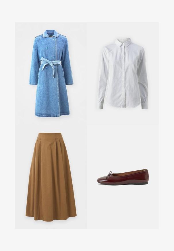 Gaiši zils džinsu mētelis ar dubulto pogu aizdari, jostasvietu, garām piedurknēm un divām sānu kabatām. Gluda tekstūra, līdz ceļiem.; Balta pogājamā krekla augšdaļa, izgatavota no gluda kokvilnas, ar klasisku apkakli, garām piedurknēm un izliekto apakšmalu. Pogas ir mazas un baltas.; Brūna kokvilnas A formas svārki ar augstu jostasvietu, kurai priekšā ir krokas un gluda tekstūra. Apakšmala ir tīra un vienkārša.; Burgundijas laku ādas baleta kurpes ar noapaļotu purngalu, nelielu loku akcentu priekšā un zemu melnu gumijas zoli. Gluda tekstūra.