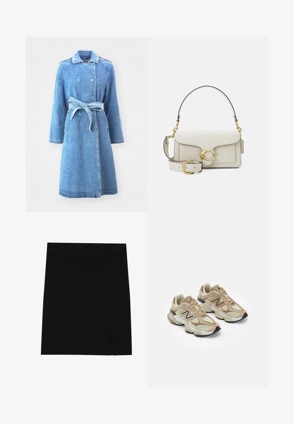 Šviesiai mėlynas džinsinis paltas su dvigubu mygtukų užsegimu, diržo juosmeniu, ilgomis rankovėmis ir dviem šoninėmis kišenėmis. Lygus paviršius, iki kelių ilgio.; Balta marškiniai su išilginiais atvartais, ilgomis rankovėmis ir mažai mėlyna logotipu kairėje krūtinės pusėje. Pagaminti iš medvilnės audinio.; Juoda mini sijonas, pagamintas iš švelnios medžiagos, su prigludusia forma, su lengva plyšyje šone tam, kad suteiktų papildomą akcentą.; Šviesiai rudos sportbačiai, pagaminti iš tinklinės ir zomšos medžiagų. Ypač išryškintas juodas logotipas ir tekstūruoti akcentai. Storas baltas tarpkalnis ir juodas gumos padas.; Balta odinė rankinė su auksinėmis detalėmis, užsegama atvartinė dalimi ir nuimamu, reguliuojamu dirželiu. Centre – apvalus metalinis akcentas.