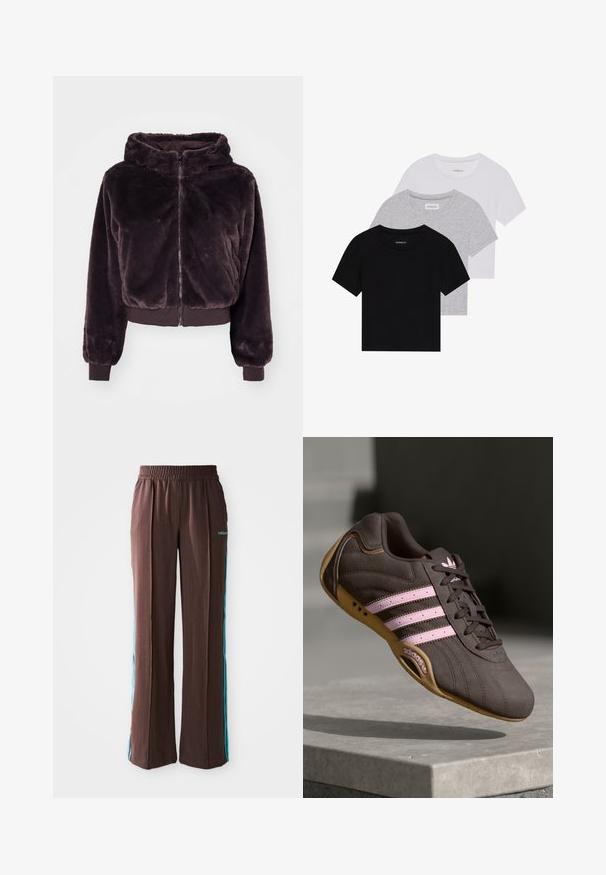 Brūns pūkains īss džemperis ar rāvējslēdzēju, kapuci un ribotām piedurknēm. Mīksta tekstūra, vienkrāsains, bez rakstiem vai akcentiem.; Trīs īsām piedurknēm T-krekli melnā, pelēkā un baltā krāsā. Izgatavoti no kokvilnas, ar apaļu kakla izgriezumu un vienkāršu, viendabīgu krāsas dizainu.; Brūni sporta bikses ar ribotu faktūru, elastīgu jostasvietu un tirkīza sānu svītrām. Priekšpusē ir adidas logo.; Brūni zamšādas sporta apavi ar rozā svītrām un logo, ar teksturētu virsmu, šņorēšanas aizdari un gumijas zoli.