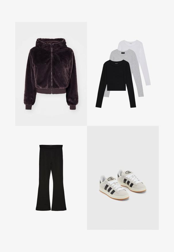 Brun, fuzzy cropped hoodie med lynlås, hætte og ribstrikkede manchetter. Blød tekstur, i ensfarvet uden mønstre eller accenter.; Tre langærmede toppe stablet: sort, grå og hvid. Hver har en rund halsudskæring og et cropped design med glat, let stof.; Sorte flared leggings lavet af strækbart stof. Har en bred talje og en glat tekstur, med en tætsiddende silhuet der bredder sig ved sømmen.; Grå ruskinds sneakers med hvide snørebånd, sorte striber og en hvid gummisål. Har et rundt logo på tungen og en gummisål.