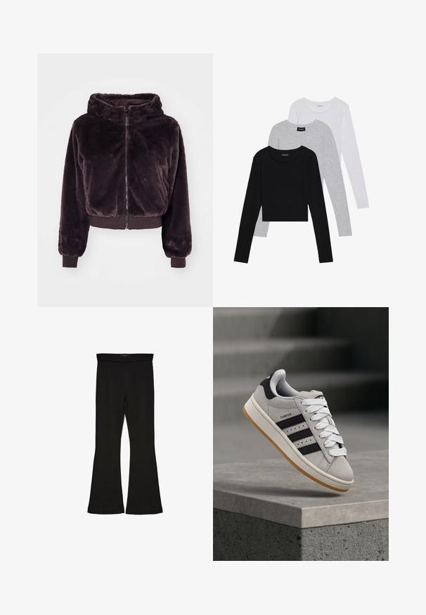 Brun, fuzzy cropped hoodie med lynlås, hætte og ribstrikkede manchetter. Blød tekstur, i ensfarvet uden mønstre eller accenter.; Tre langærmede toppe stablet: sort, grå og hvid. Hver har en rund halsudskæring og et cropped design med glat, let stof.; Sorte flared leggings lavet af strækbart stof. Har en bred talje og en glat tekstur, med en tætsiddende silhuet der bredder sig ved sømmen.; adidas Originals CAMPUS 00S W - Sneakers - crystal white/core black/off white
