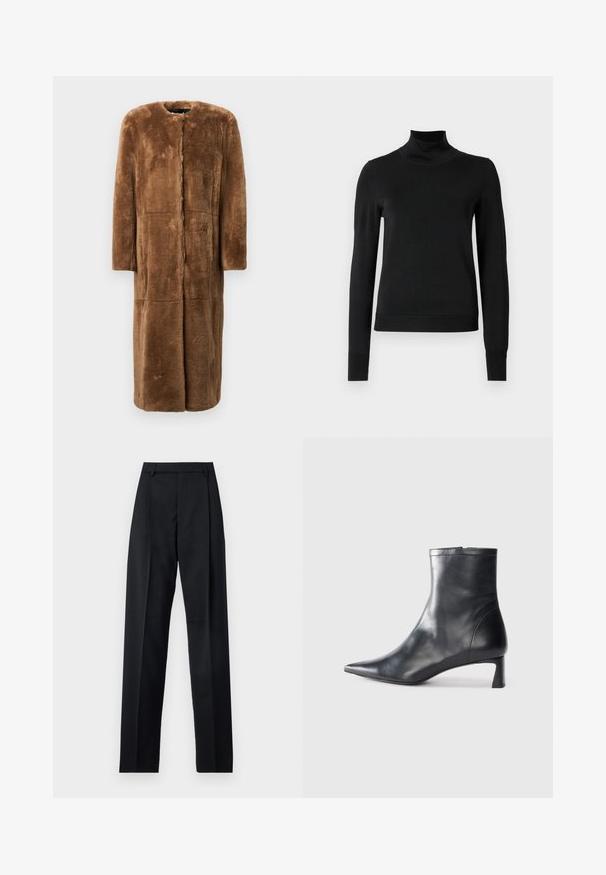 Barna műszőrme kabát, térd hosszúságú, egyenes sziluett, kerek nyakú, hosszú ujjú, és varrás nélküli panelek, amelyek puha, texturált felülettel rendelkeznek.; Fekete, hosszú ujjú garbós pulóver bordás mandzsettákkal és aljjal, sima fehér háttér előtt bemutatva.; Fekete nadrág sima anyagból, magas derékkal, széles lábakkal, elülső redőkkel és klasszikus övhurkokkal. Oldalzsebek nem láthatók.; Fekete bőr bokacsizma hegyes orral és letisztult dizájnnal. Alacsony sarka és hátsó cipzáras záródása van. Simának tűnő textúra.