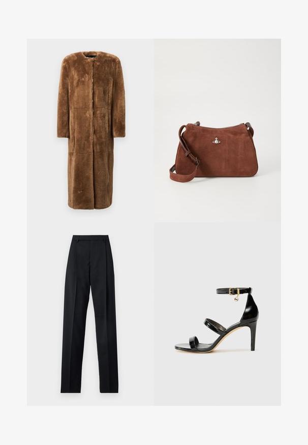 Pruun sünteetilisest karusnahast mantel, põlve pikkune, sirge siluett, ümmargune kaelus, pikad varrukad ja sujuvad paneelid pehme, tekstuurse viimistlusega.; Beež ribi kudumil oleval sügava V-kaelusega, pikad varrukad ja tekstuurne paneel rinna piirkonnas. Lühendatud pikkus ja mugav lõige.; Mustad püksid siledast kangast, millel on kõrge vöökoht, laiad jalad, esimesed kortsud ja klassikalised vööloopid. Küljepockets pole nähtavad.; Must musta nahk sandaal kolme rihmaga, pahkluu vööga ja 4-tollise stilettakontsaga. Omab kuldset detaili ja logovõtit.; Pruun seemisnahast käekott, millel on tõmblukk, reguleeritav õlarihm ja hõbedased metalldetailid, millel on peene tekstuuriga pind.