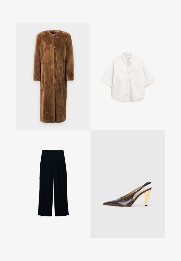 Abrigo de pelaje sintético marrón, de longitud hasta la rodilla, silueta recta, con escote redondo, mangas largas y paneles sin costuras con un acabado suave y texturizado.; Camisa blanca de manga corta, hecha de algodón, presenta un cierre frontal de botones, dos bolsillos en el pecho y un cuello estructurado.; Pantalones de pierna ancha y cintura alta en tela de color azul marino oscuro. Presentan pliegues y dos bolsillos laterales tipo cargo. Textura suave con un diseño limpio.; Zapatos de tacón tipo slingback de punta afilada en imitación de cocodrilo brillante de color marrón oscuro. Presenta un tacón geométrico en tono dorado y una correa ajustable en el tobillo.