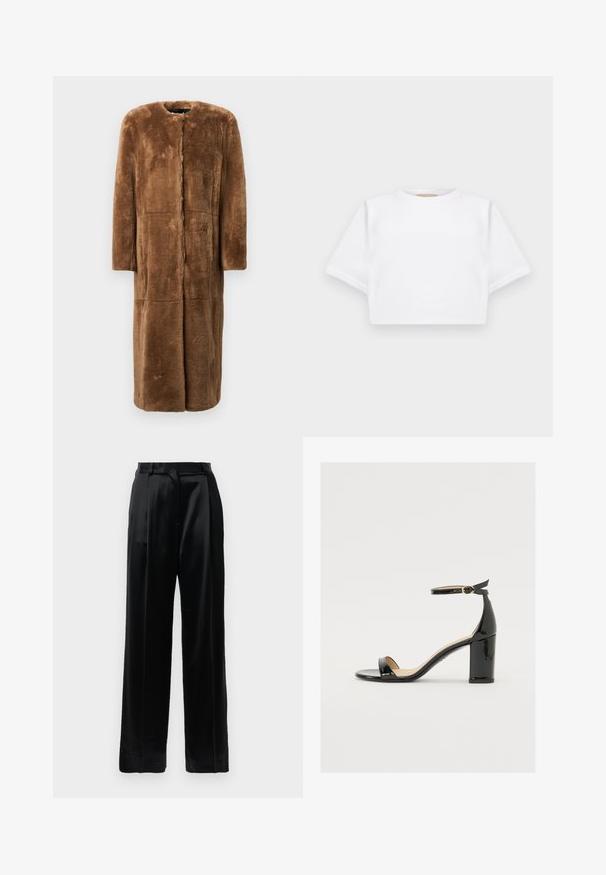 Palton din blană sintetică, de culoare maro, de lungime până la genunchi, cu siluetă dreaptă, guler rotund, mâneci lungi și panouri fără cusături, cu un finisaj moale și texturat.; Tricou alb scurt dintr-un material moale, cu mâneci scurte, decolteu rotund și detalii ribbrate la margine. Design simplu și fără embellishments.; Pantaloni negri din satin, cu talie înaltă, picioare drepte și largi, cu bucle pentru curea și închidere plată, pe un fundal alb simplu.; Sandal cu toc lat din piele lacuită neagră, cu vârf deschis și curea pentru gleznă, având o cataramă aurie. Textură netedă și design elegant.