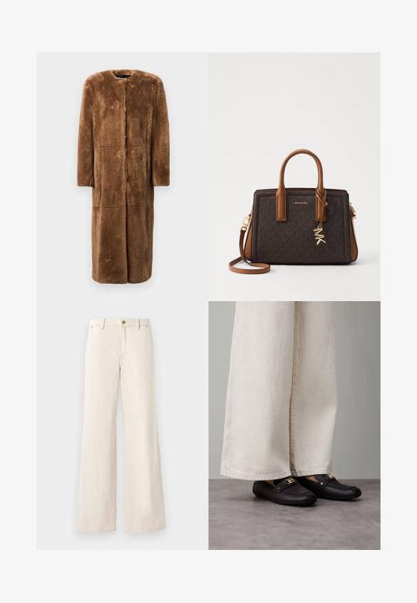 Casaco de pêlo sintético castanho, até ao joelho, silhueta reta, decote redondo, mangas longas e painéis sem costura com um acabamento suave e texturizado.; Top branco sem mangas feito de um tecido liso, com um decote redondo e pregas subtis nos ombros, apresentando uma bainha curva.; Calças largas em bege, feitas de algodão, com uma textura suave. Apresentam um fecho com botão, bolsos frontais e um design clássico de cintura.; Mocassins pretos de couro com detalhes em metal dourado, usados com calças largas de cor creme, mostrando uma textura suave e formato arredondado.; MICHAEL Michael Kors LAILA SATCHEL - Mala de mão - brown
