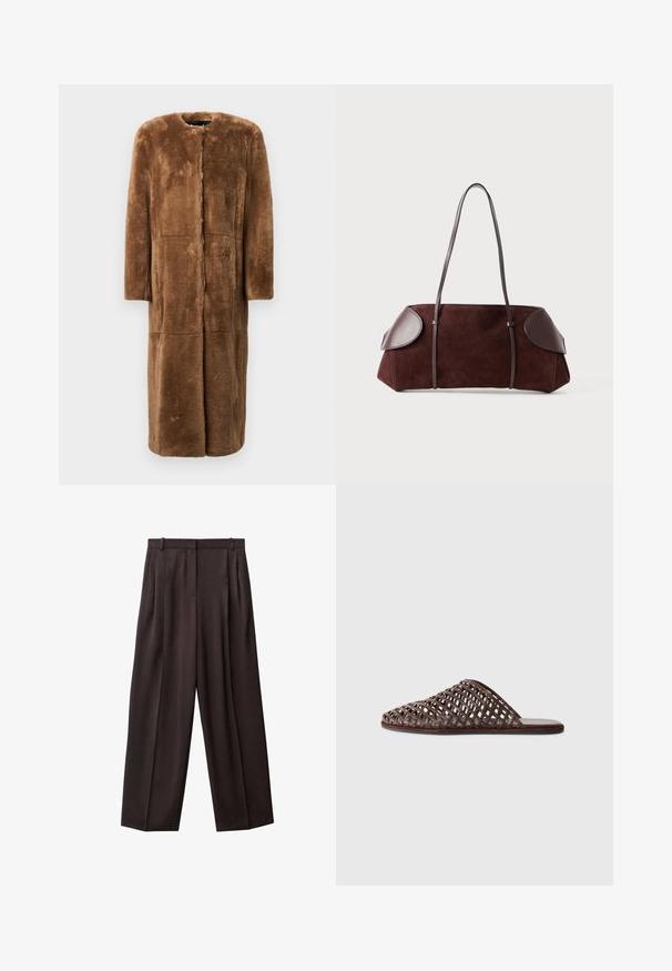 Hnědý kabát z umělé kožešiny, délky po kolena, rovného siluetu, s kulatým výstřihem, dlouhými rukávy a bezšvovými panely s jemným, texturovaným povrchem.; Bílý krátký rukáv, ribovaný top s kulatým výstřihem. Měkká textura a uvolněný střih, s jednoduchým designem bez dalších vzorů.; Široké kalhoty z tmavě hnědé tkaniny. Mezi vlastnostmi naleznete záhyby v přední části, pas se sponami na opasek a boční kapsy. Hladká textura.; Hnědé tkané pantofle s kulatou špičkou, otevřeným designem, plochou podrážkou a texturovaným povrchem. Lehký materiál a minimalistický silueta.; Hnědá semišová taška s koženými detaily, strukturovaného tvaru, s dvojitými ramenními popruhy a zaoblenými okraji, s hladkým povrchem a minimálním kovovým příslušenstvím.