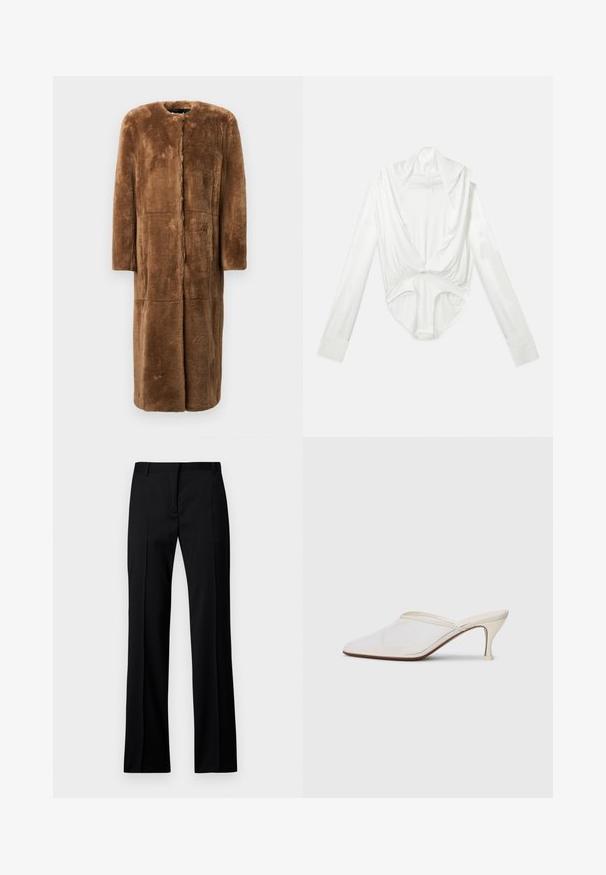 Palton din blană sintetică, de culoare maro, de lungime până la genunchi, cu siluetă dreaptă, guler rotund, mâneci lungi și panouri fără cusături, cu un finisaj moale și texturat.; Body alb cu mânecă lungă, cu decolteu adânc în formă de cowl și închidere prin capse la între picioare, expus pe un fundal alb simplu.; Pantaloni negri cu croi drept, dintr-un material neted, cu front plat, brâuri pentru curea și fără buzunare sau embellishments vizibile.; Mule alb cu plasă, cu vârf ascuțit, toc subțire de înălțime medie și design slip-on, pe un fundal simplu.