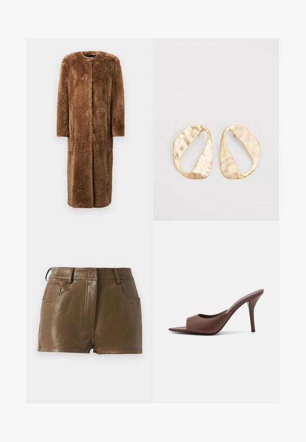 Brown faux fur coat, knee-length, straight silhouette, round neckline, long sleeves, and seamless panels with a soft, textured finish.; Long-sleeve white T-shirt made of ribbed cotton, featuring a round neckline and a straight hem. Simple design with no patterns or accents.; Brown faux leather shorts with a fitted design, waistband with belt loops, front pockets, and visible stitching details.; Brown leather open-toe high-heeled mules with a sleek design, featuring a wide front strap and a slender stiletto heel.; Pair of irregular oval-shaped gold-toned metal earrings with a textured, slightly hammered surface on a white background.