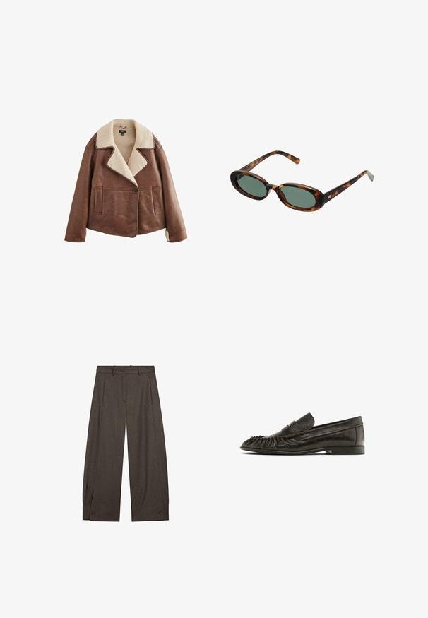 Brown leather jacket with a beige shearling collar, long sleeves, button closure, and two front pockets. Soft texture with a warm appearance.; Gray knitted V-neck long-sleeve sweater with ribbed cuffs and hem, displayed flat on a white background.; Brown, wide-leg trousers made of textured fabric with a pleated front, belt loops, and button accents at the hem.; Black leather loafers featuring a fringed design on the toe, flat sole, and a stitched accent across the upper. Smooth texture and minimalist style.; Tortoiseshell sunglasses with oval frames and green lenses. Features thin arms with a metallic accent near the hinges.; Dark brown leather tote bag with slim double handles and a silver-tone rectangular buckle detail on the front strap.