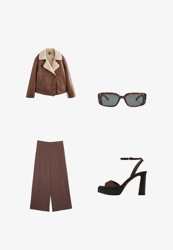 Braune Lederjacke mit einem beigefarbenen Lammfellkragen, langen Ärmeln, Knopfschluss und zwei vorderen Taschen. Weiche Textur mit einem warmen Erscheinungsbild.; Dunkelbrauner Strickpullover mit Rundhalsausschnitt, überschnittenen Schultern, gerippten Bündchen und Saum, der eine weiche Textur und eine entspannte Passform aufweist.; Braune Weite-Leg-Hosen mit einer glatten Textur, hoher Taille und Vorderfalten. Der Stoff ist leicht und fällt locker.; Braune Wildleder-Pumps mit offenem Zeh, verstellbarem Knöchelriemen und gestreiftem Plateausohlen.; Sonnenbrille im Schildpatt-Design mit rechteckigen Gläsern, dicken Rahmen und dunkelgetönten Gläsern. Glatte Textur und minimalistisches Design.