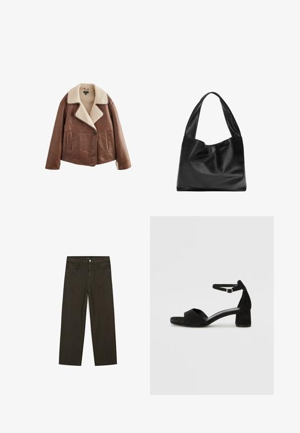 Brown leather jacket with a beige shearling collar, long sleeves, button closure, and two front pockets. Soft texture with a warm appearance.; Dark brown long-sleeve crew neck sweater with a slightly cropped fit and simple, seamless design.; Dark green wide-leg jeans made of cotton blend, featuring a front button closure, five pockets, and classic denim stitching.; Black suede heeled sandals with a thin ankle strap, open toe design, and a modest block heel. Smooth texture and minimal accents.; Black leather tote bag with a soft, slouchy design, wide handles, and smooth texture. No visible hardware or embellishments.