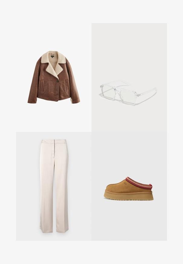 Brun læderjakke med en beige shearlingkrave, lange ærmer, knaplukning og to frontlommer. Blød tekstur med et varmt udseende.; Grå strikket turtleneck sweater med ribbet tekstur, lange ærmer og en afslappet pasform. Materialet ser blødt og chunky ud. Den nederste kant er lige.; Beige brede bukser lavet af glat stof med en enkel silhuet, der har en flad front og en diskret taljeåbning.; Brune ruskinds slip-on sko med røde og cremefarvede mønstrede kanter, tekstureret sål og UGG-logo på siden. Har en let platformhøjde.; Klare rektangulære solbriller med gennemsigtige rammer, lysegrønne linser og diskrete detaljer på stængerne. Letvægtsdesign, moderne form.; Sort læder clutch med tekstureret overflade, kædestropp, og nitter langs bunden. Rektangulær form med en lynlåslomme.