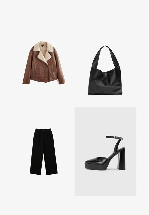 Bruine leren jack met een beige schapenvacht kraag, lange mouwen, knoopsluiting en twee voorzakken. Zachte textuur met een warme uitstraling.; Witte T-shirt van zacht, lichtgewicht stof. Heeft een ronde halslijn en korte, brede mouwen met een ontspannen pasvorm. Geen zichtbare patronen.; Zwarte wijd uitlopende broek gemaakt van een glad materiaal, met een hoge taille, voorplooien en een enkele sluiting met een bovenste knoop.; Zwarte plateauhakken met een puntige neus en verstelbare enkelband. Gemaakt van soepel leer, met een robuuste blokhak.; Zwarte leren tote bag met een zachte, slappe vormgeving, brede hengsels en een gladde textuur. Geen zichtbare hardware of versieringen.