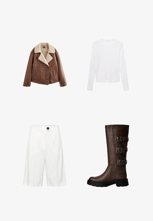 Bruine leren jack met een beige schapenvacht kraag, lange mouwen, knoopsluiting en twee voorzakken. Zachte textuur met een warme uitstraling.; Witte longsleeve t-shirt van lichtgewicht stof, met een ronde halslijn en een rechte snit, zonder zichtbare patronen of accenten.; b.young BYRIZETTA - Shorts - off white; Bruine leren kniehoge laars met drie metalen gespen, textuur op de oppervlakte, ronde neus en stevige zool voor stabiliteit.