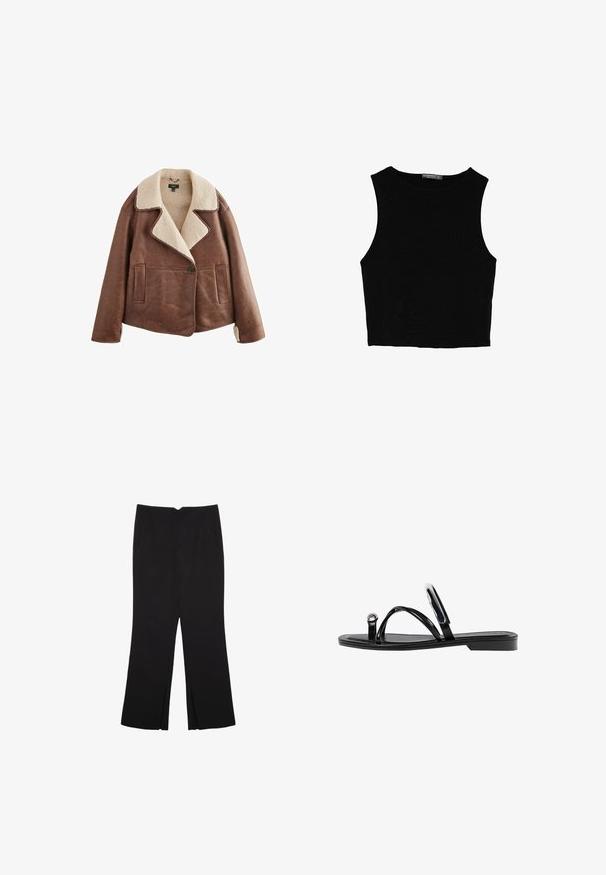 Brun læderjakke med en beige shearlingkrave, lange ærmer, knaplukning og to frontlommer. Blød tekstur med et varmt udseende.; Sort ærmeløs crop top lavet af glat stof, med rund hals og et rent, enkelt design uden mønstre eller hardware.; Sorte bukser med lige pasform, der har frontlommer og slidser i kanten. Lavet af blødt, glat stof. Velegnet til forskellige anledninger.; Sorte flade sandaler med en blank finish, tre tynde stropper og en cirkulær hardwaredetalje ved tæerne. Slankt design med en minimal hæl.