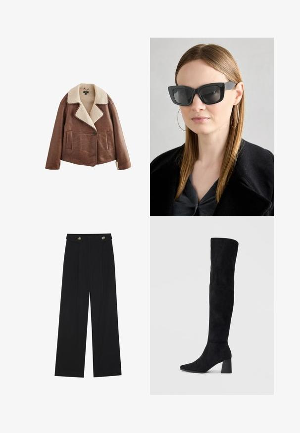 Ruskea nahkatakki, jossa on vaaleanbeige nahkarivistö, pitkät hihat, napitus edessä ja kaksi etutaskua. Pehmeä rakenne ja lämmin ulkonäkö.; Kaksi pitkähihainen paitaa, yksi musta ja yksi valkoinen, molemmat neliönmallisella kaula-aukolla ja pehmeästä, joustavasta kankaasta valmistettu.; Mustat leveälahkeiset housut, joissa on korkea vyötärö, napit vyötärönauhassa ja etupuolella laskokset.; Musta samettinen polvipitkä saapas, jossa on lohkarekorko, terävä nilkka ja sileä, saumatonta muotoilua tasaisella vaalealla taustalla.; Mustan kissakuvioisen aurinkolasit tummilla linsseillä, paksuilla kehyksillä ja hillityillä yksityiskohdilla. Yhdistetty mustaan takkiin ja harmaaseen paitoihin, joissa on pitkät suorat hiukset.