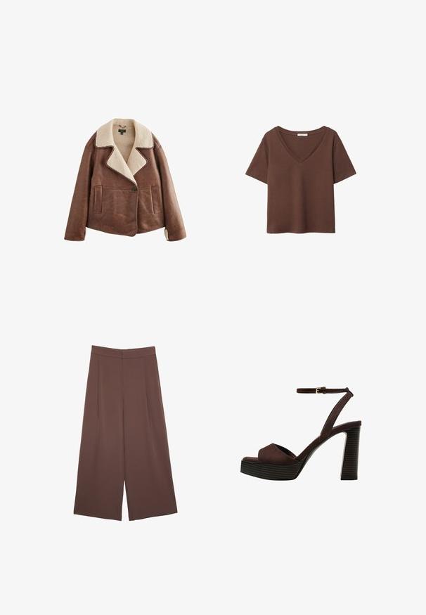 Braune Lederjacke mit einem beigefarbenen Lammfellkragen, langen Ärmeln, Knopfschluss und zwei vorderen Taschen. Weiche Textur mit einem warmen Erscheinungsbild.; Braunes Baumwoll-T-Shirt mit kurzen Ärmeln und tiefem V-Ausschnitt. Einfaches Design, weiche Textur und gerade Saumlinie. Keine Muster oder Akzente.; Braune Weite-Leg-Hosen mit einer glatten Textur, hoher Taille und Vorderfalten. Der Stoff ist leicht und fällt locker.; Braune Wildleder-Pumps mit offenem Zeh, verstellbarem Knöchelriemen und gestreiftem Plateausohlen.