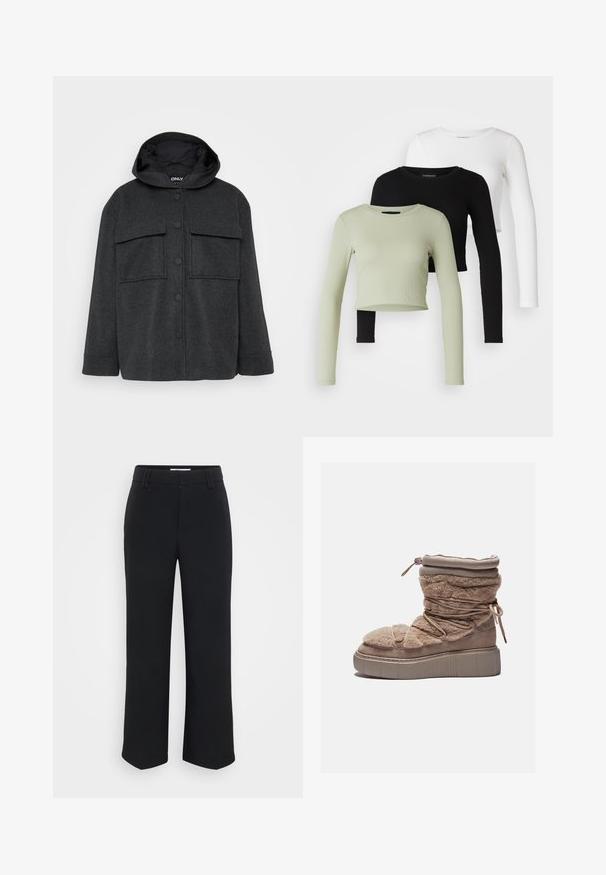 Temno siva kapuca, jakna iz teksturiranega blaga. Ima dva žepa na prsih in sprednje zapiranje na gumb z črnimi gumbi.; Even&Odd Petite 3 PACK - Majica z dolgimi rokavi - black/white/light green; Črne široke hlače z gladko teksturo, z ravnim pasom in stranskimi žepi, zasnovane v minimalističnem slogu.; Kratka bežna čizma s krznom, na debelom potplatu, s naboranim gornjim dijelom i elastičnim vezicama. Ima zatvaranje na patentni zatvarač i meku teksturu tkanine.