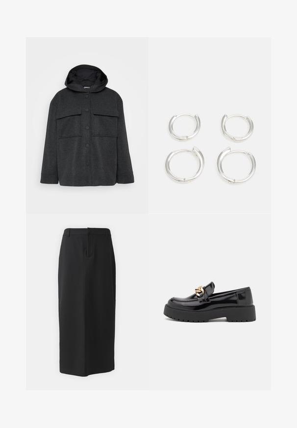 Tumši pelēks, kapuces jaka, izgatavota no teksturēta auduma. Tam ir divas krūšu kabatas un priekšējā pogu aizdare ar melnām pogām.; Even&Odd Petite 2 PACK - Tops - light grey/black; Melna zīmuļa svārku garums līdz ceļgaliem, izgatavots no gludas auduma. Iespējojot aizmugurē esošu šķēlumu un sānu kabatas, ar vienkāršu dizainu un neitrālu krāsu.; Melni lakoti mokasīni ar masīvu melnu zoli un zelta aksesuāriem. Gluda tekstūra un noapaļota purngala dizains.; Sudraba riņķveida auskari, ar gludu, pulētu virsmu. Divi pāri ar nedaudz atšķirīgu izmēru. Vienkāršs, apaļš dizains, viegli.