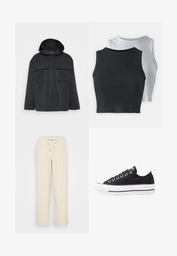 Mørk grå hettejakke laget av et teksturert stoff. Har to brystlommer og en knappeåpning foran med sorte knapper.; Even&Odd Petite 2 PACK - Topper - light grey/black; Even&Odd Petite Bukse - beige; Svart canvas sneakers med hvit gummisåle, rund tå, lavt design, metalløye og teksturert tåhette. Tynn svart stripe langs sålen.