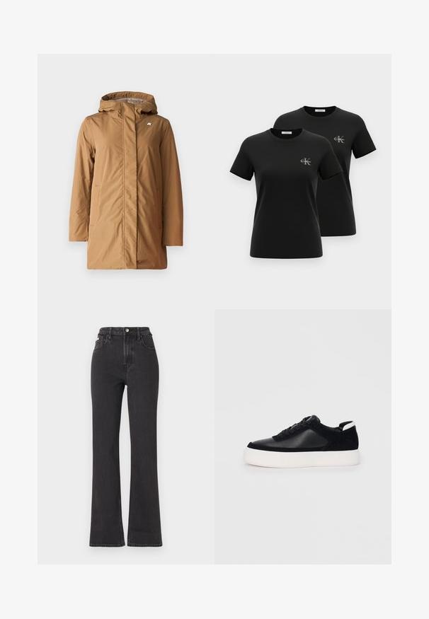 K-Way SOPHIE SOFT TOUCH - Cappotto invernale - beige; Due magliette nere a maniche corte con collo tondo, con piccoli loghi grigi "CK Calvin Klein" sul petto sinistro, esposte su uno sfondo bianco.; Jeans neri a vita alta e a zampa d'elefante in denim, con chiusura a bottoni, passanti per cintura e tasche laterali. Texture liscia con minimal fading.; Sneaker nera con pannelli in pelle liscia e suede, lacci piatti, punta arrotondata e suola in gomma bianca. Logo distintivo sul tallone.