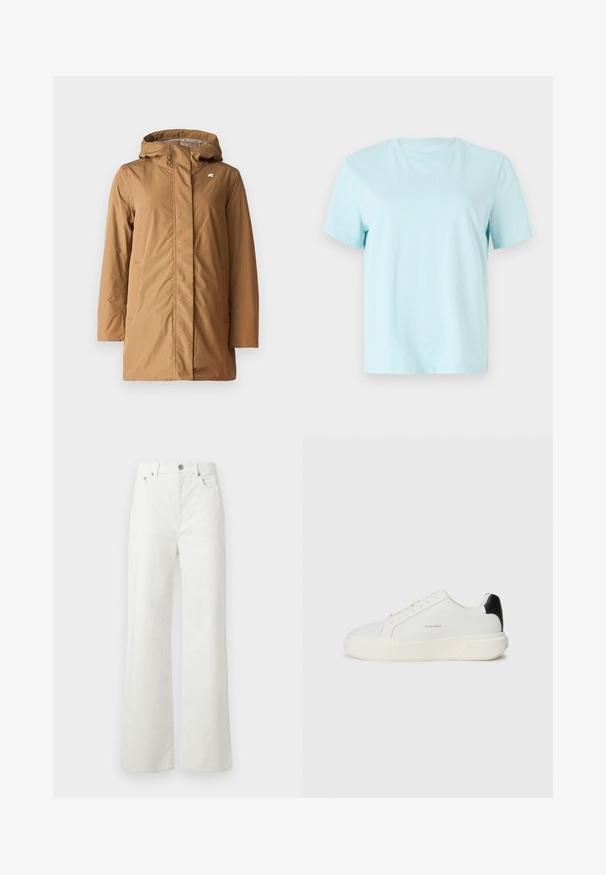 K-Way SOPHIE SOFT TOUCH - Zimní kabát - beige; Světle modré bavlněné tričko s krátkými rukávy, kulatým výstřihem a jemně vyšitým logem 'Calvin Klein' na přední straně.; Samsøe Samsøe SHELLY - Džíny Relaxed Fit - clear cream; Bílé tenisky s hladkým koženým svrškem, kulatou špičkou, šněrováním a kontrastním černým akcentem na patě. Obsahují texturovanou gumovou podrážku.