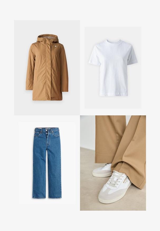 K-Way SOPHIE SOFT TOUCH - Vinterfrakke - beige; Hvid bomulds t-shirt med rund halsudskæring, korte ærmer, lige snit og glat tekstur. Ingen mønstre eller dekorationer.; Blå denim lige ben jeans med høj talje, fem lomme design og knaplukning. Markante syninger og kobberfarvede nitter.; Hvide sneakers med ruskinddetaljer, strukturerede snørebånd og gummisål. Kombineret med løse, brune bukser. Logoet er vist på siden.