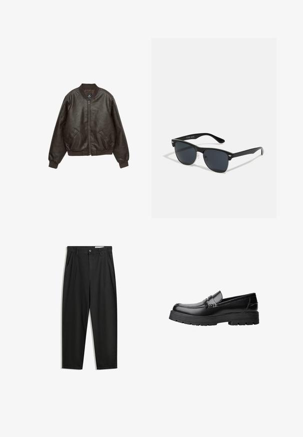 Bruine leren bomberjack met een ritsluiting, ribbelkraag en -manchetten, twee voorzakken en een gestructureerde afwerking.; Set van twee t-shirts; één zwart, één lichtbeige. Regular fit met ronde halsuitsnijdingen, gemaakt van zachte katoenstof. Eenvoudig ontwerp, zonder patronen.; Zwarte katoenen broeken met een losse pasvorm, voorzien van een klassieke tailleband, voorplooien en zijzakken. Gladde structuur zonder patronen.; Zwarte leren loafer met een chunky profielzool en een decoratieve band over de bovenkant, weergegeven in het linkerzijprofiel op een witte achtergrond.; Zwarte zonnebril met een rechthoekige vorm, donkere lenzen, zilveren accenten bij de slapen en een matte afwerking op het montuur.