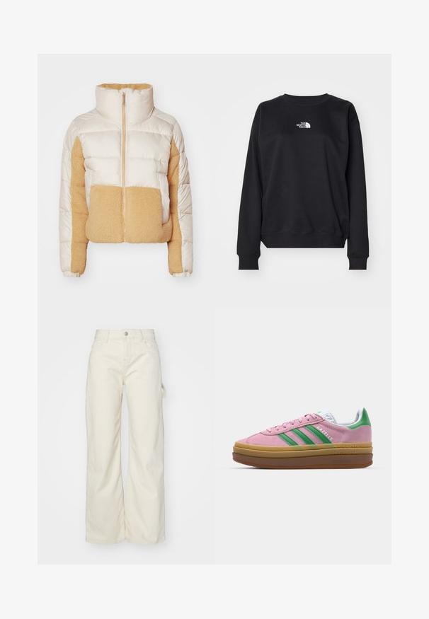 Crème en tan pufferjack met een hoge kraag, voorzien van een gequilt stof en een zachte, fluffy fleecepaneel aan de voorkant en zijkanten.; Zwarte sweatshirt gemaakt van een katoenmengsel, met een ronde halslijn, lange mouwen, ribgebreide manchetten en een klein wit logo op de borst.; Wijde broek in lichtbeige stof, met een hoge taille, voorzakken en een zijlusdetail voor extra functionaliteit.; Roze suede sneakers met groene strepen, witte accenten en een bruine rubberen zool. Heeft een gestructureerde stof en logodetails aan de zijkant.