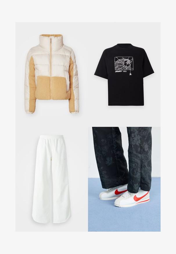 Doudoune crème et beige avec un col haut, présentant un tissu matelassé et un panneau en polaire doux et moelleux à l'avant et sur les côtés.; T-shirt noir en coton à manches courtes. Présente un graphisme de toile d'araignée blanche et un logo à l'avant. Encolure ronde simple.; Pantalons de sport larges blancs avec une taille côtelée et un discret logo. Tissu lisse avec une coupe décontractée et un bas effilé.; Baskets Nike blanches avec des accents rouges, associées à un pantalon noir à motif floral. La texture est lisse avec une semelle tressée plate.