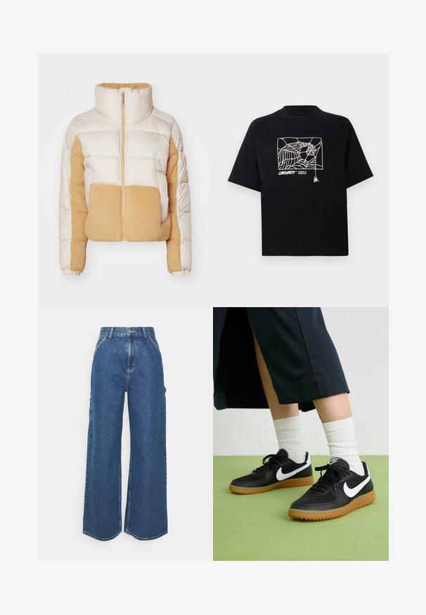 Krémovo-hnedá prešívaná bunda s vysokým golierom, vyrobená z prešívaného materiálu a s mäkkou, chlpaticou fleecovou panelom na prednej strane a boku.; Čierne tričko z bavlny s krátkymi rukávmi. Na prednej strane má biely grafický motív pavučiny a logo. Jednoduchý zaoblený výstrih.; Dlhé modré džínsy so širokými nohavicami a vysokým pásom, s kontrastným prešívaním a bočnými vreckami, s klasickým dizajnom piatich vreciek a surovými lemami.; Čierne kožené a syntetické tenisky so bielym logom Nike, gumenou podrážkou, okrúhlou špičkou a čiernymi šnúrkami. Viditeľné biele pruhované ponožky.