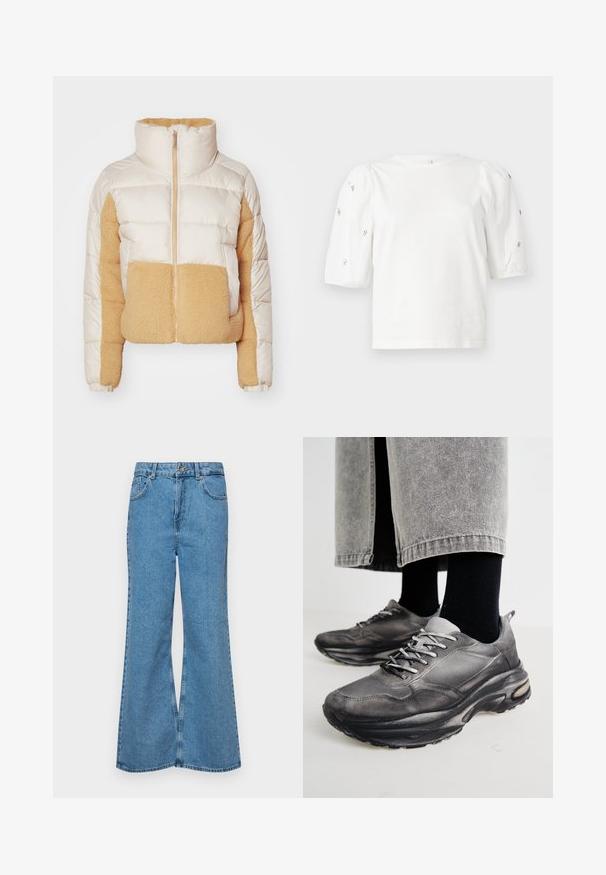 Kremna in svetlo rjava puhovka z visokim ovratnikom, ki ima prešito tkanino in mehak, puhast flis panel spredaj in ob straneh.; Bela bombažna majica s kratkimi rokavi s pufastimi rokavi, ki ima majhne srebrne okrase vzdolž rokavov. Klasičen okrogel izrez, sproščen kroj.; Svetlo modri razširjeni džins hlače iz denima, z visokim pasom, petimi žepi in enim gumbom za zapiranje. Mehka tekstura z blagim zbledelim videzom.; Črne in sive športne čevlje imajo mrežast zgornji del, debele podplate in vezalke. Imajo zaobljen nos in opazne podrobnosti oblazinjenja.