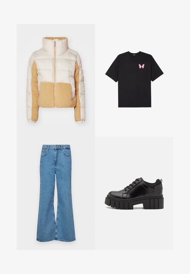Krémová a hnědá péřová bunda s vysokým límcem, opatřená prošívanou tkaninou a měkkou, huňatou fleecovou panelou na přední a boční straně.; Černé bavlněné tričko s krátkým rukávem, na levém prsou s malou grafikou růžové motýlky. Design s kruhovým výstřihem a volným střihem.; Světle modré rozšířené džíny z denimu, se zvýšeným pasem, pěti kapsami a jedním knoflíkem na zapínání. Měkký povrch s vybledlým vzhledem.; Černé kožené platformové boty s masivním blokovým podpatkem, kulatou špičkou a tradičním šněrováním. Mají hladký povrch a minimální detaily.