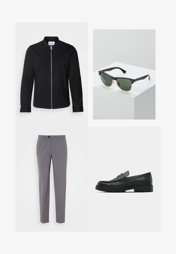 Black bomber jacket made of cotton blend, featuring a stand collar, front zip closure, and cuffed sleeves. Smooth texture and minimalist design.; Black pullover sweater with a zippered collar, long sleeves, ribbed cuffs and hem, made of a soft, smooth fabric.; Gray tailored trousers with a smooth texture, straight-leg design, single button closure, and front pockets. No visible patterns or accents.; Black leather loafers with a rounded toe, featuring a stitched design, low platform sole, and a textured, lugged rubber outsole.; Ray-Ban sunglasses with green lenses, black plastic frames, and gold accents at the edges. Square shape with a matte finish.
