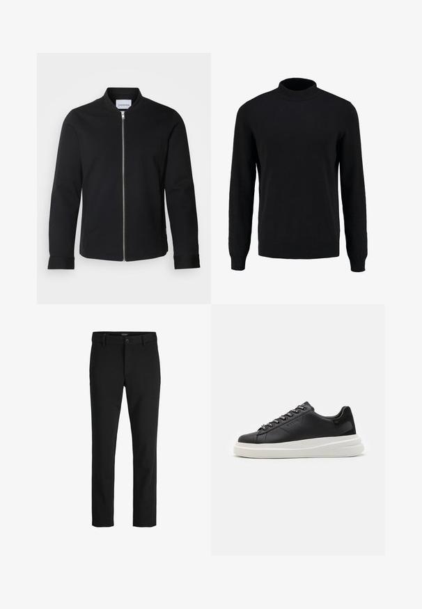 Black bomber jacket made of cotton blend, featuring a stand collar, front zip closure, and cuffed sleeves. Smooth texture and minimalist design.; Black knit sweater with a high collar, long sleeves, and ribbed cuffs and hem, featuring a smooth texture and classic silhouette.; Black trousers made of sleek fabric, featuring a classic design, straight cut, front button closure, and side pockets.; Black leather sneaker with a white rubber sole, featuring flat laces and branded eyelets. Soft texture with a contrasting side accent.