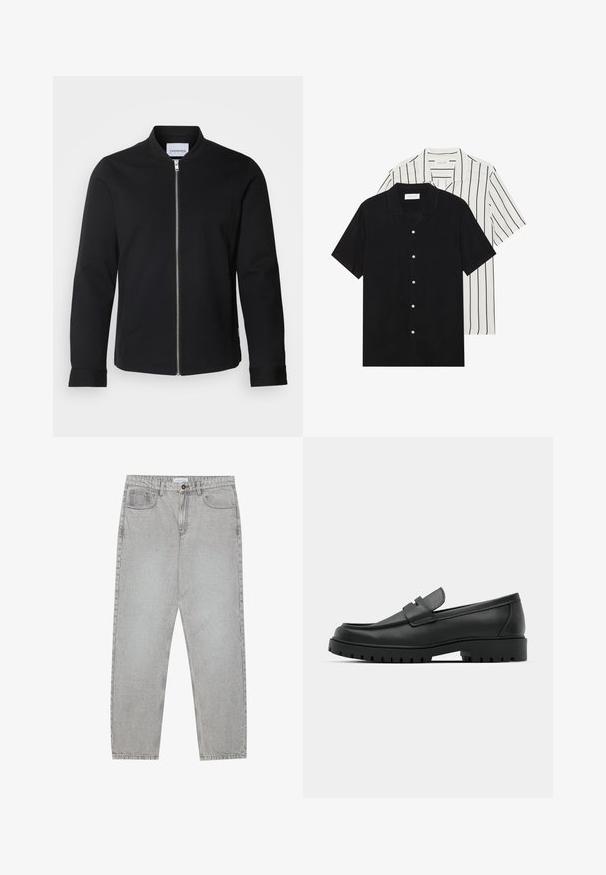 Black bomber jacket made of cotton blend, featuring a stand collar, front zip closure, and cuffed sleeves. Smooth texture and minimalist design.; Two short-sleeve shirts: one solid black, one white with black vertical stripes. Both feature button closures and a classic collar.; Light grey denim pants with a straight-leg design, five-pocket styling, and a button closure. Visible stitching along the seams.; Black leather loafers with a rounded toe, featuring a stitched design, low platform sole, and a textured, lugged rubber outsole.