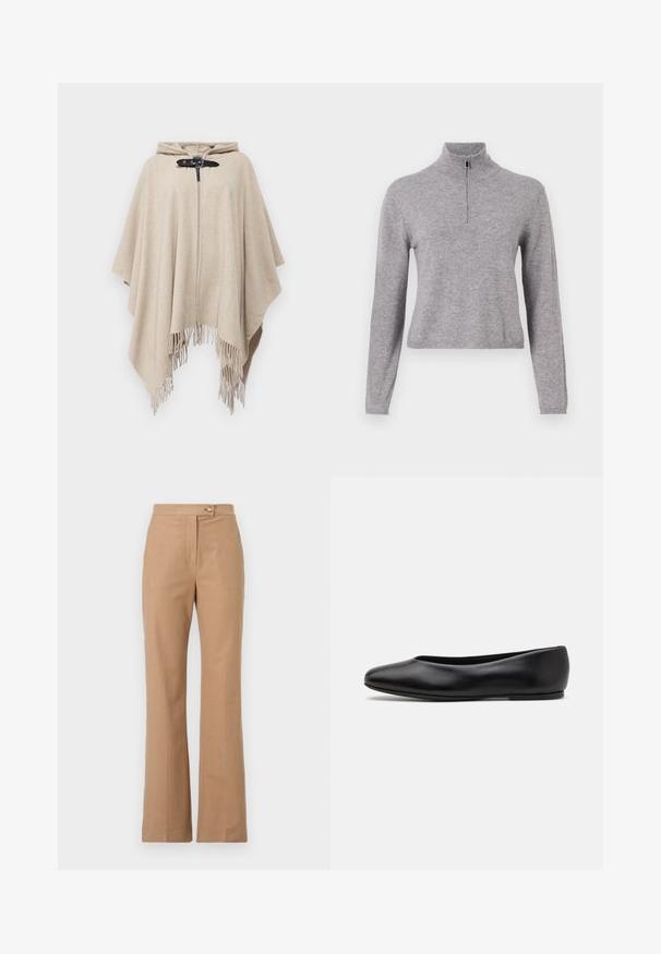 Emporio Armani PONCHO - Poncho - butterscotch; Grijze gebreide trui met een hoge kraag en een ritssluiting aan de voorkant. Heeft lange mouwen en een iets cropped lengte. Gladde textuur en geribbelde zoom.; Beige op maat gemaakte broeken met een uitlopende silhouette, gemaakt van soepele stof, met een sluiting met een voorknop en twee zijzakken.; Paul Smith TOPANGA - Ballerina's - black