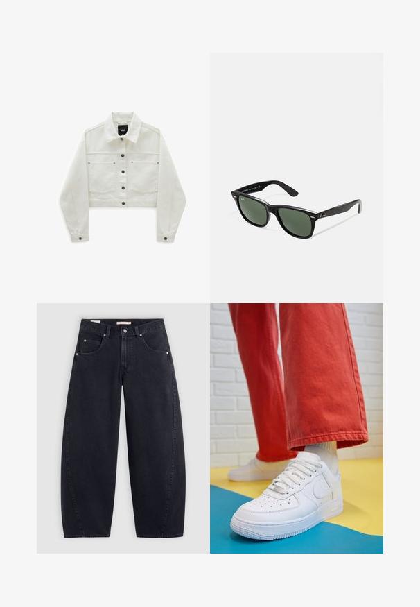 Zkrácená bílá džínová bunda s dvěma kapsami na hrudi, hnědými knoflíkovými zapínáními a klasickým límcem. Měkká textura a dlouhé, mírně nadýchané rukávy.; Bílá tričko s krátkým rukávem vyrobené z měkké látky. Má kulatý výstřih a jednoduchý, čistý design s rovnou spodní částí.; Černé džíny širokého střihu s vysokým pasem, dvěma předními kapsami a stříbrnými detaily. Hladká textura, minimální švy a rovný střih.; Bílé kožené tenisky s perforovanou špičkou, texturovanou podešví a bílými tkaničkami, v kombinaci s širokými červenými kalhotami a modro-žlutým pozadím.; Černé plastové sluneční brýle se zelenými skly, čtvercové obroučky, stříbrný detail na obočí a texturované stranice. Značka uvedená na vnitřní straně stranic.; Černá taška přes rameno s dvěma dlouhými uchy, zipovým vrškem a malým zeleným krokodýlem umístěným pod uchy.