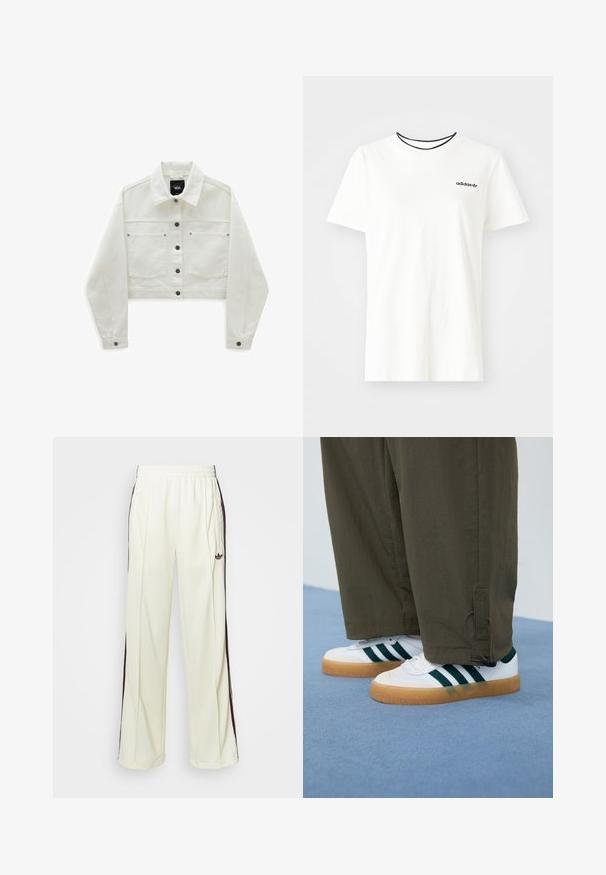 Veste en denim blanc coupée avec deux poches poitrine, fermetures à boutons marron et un col classique. Texture douce et manches longues légèrement bouffantes.; T-shirt en coton blanc à manches courtes et à encolure ronde. Présente un logo Adidas noir sur la poitrine et un col intérieur noir contrastant.; Pantalons de survêtement couleur crème avec une coupe décontractée, présentant des rayures latérales marron foncé et un logo brodé sur la cuisse gauche.; Baskets blanches avec des rayures vertes, semelles en caoutchouc gomme, associées à un pantalon tapered vert olive avec des cordons aux chevilles.